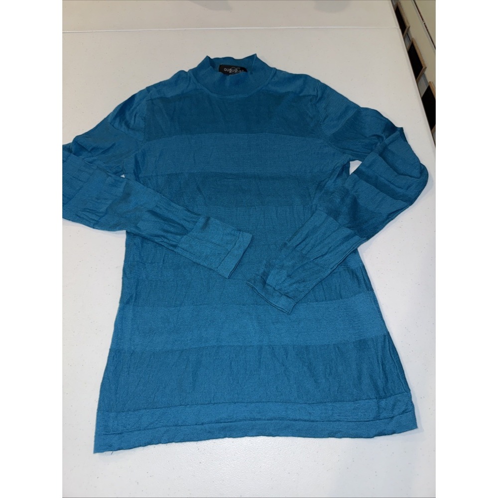 August Silk Women's Medium Cotton Viscos Teal Mock Neck Sweater Pullover Stripes
